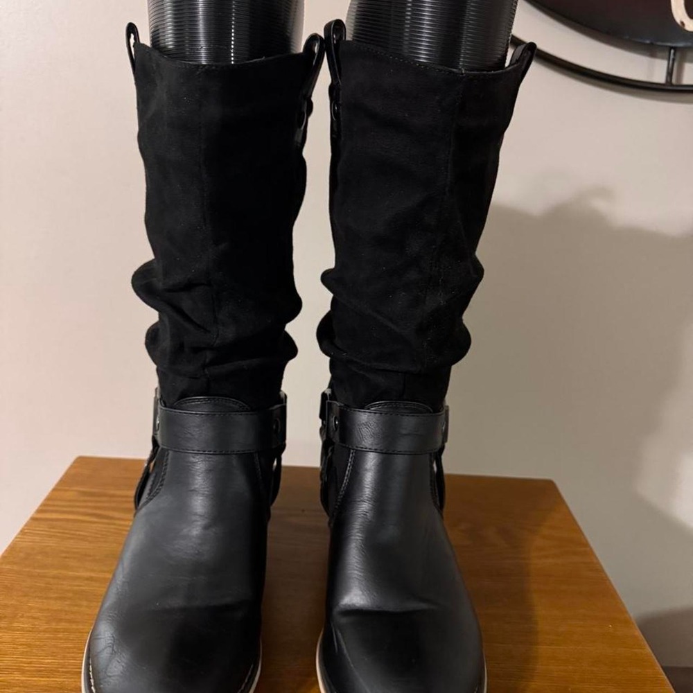 Black Leather Mid-Calf High Boots with Buckle Detail, Slouchy Design